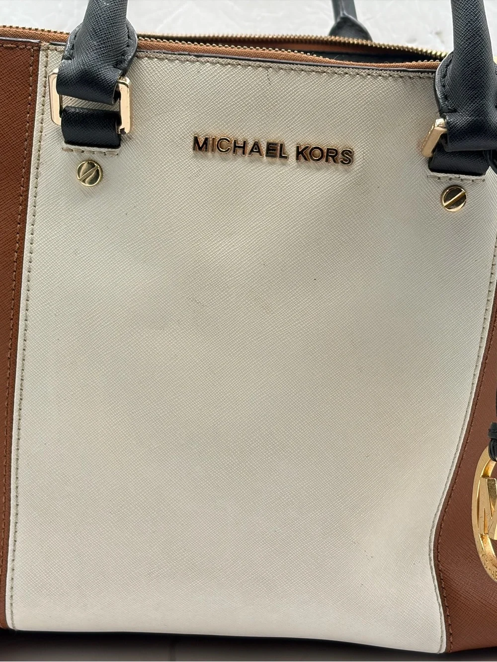 Michael Kors Sutton Large Center Strip Satchel Bag Color Block White Brown Black
